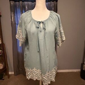 Daytrip Teal Blouse with Lace Accents